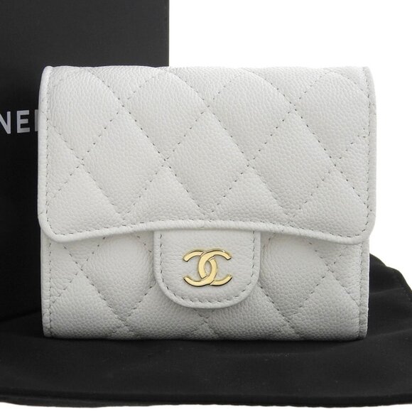 CHANEL Handbags - CHANEL White Caviar Leather Logo Wallet
